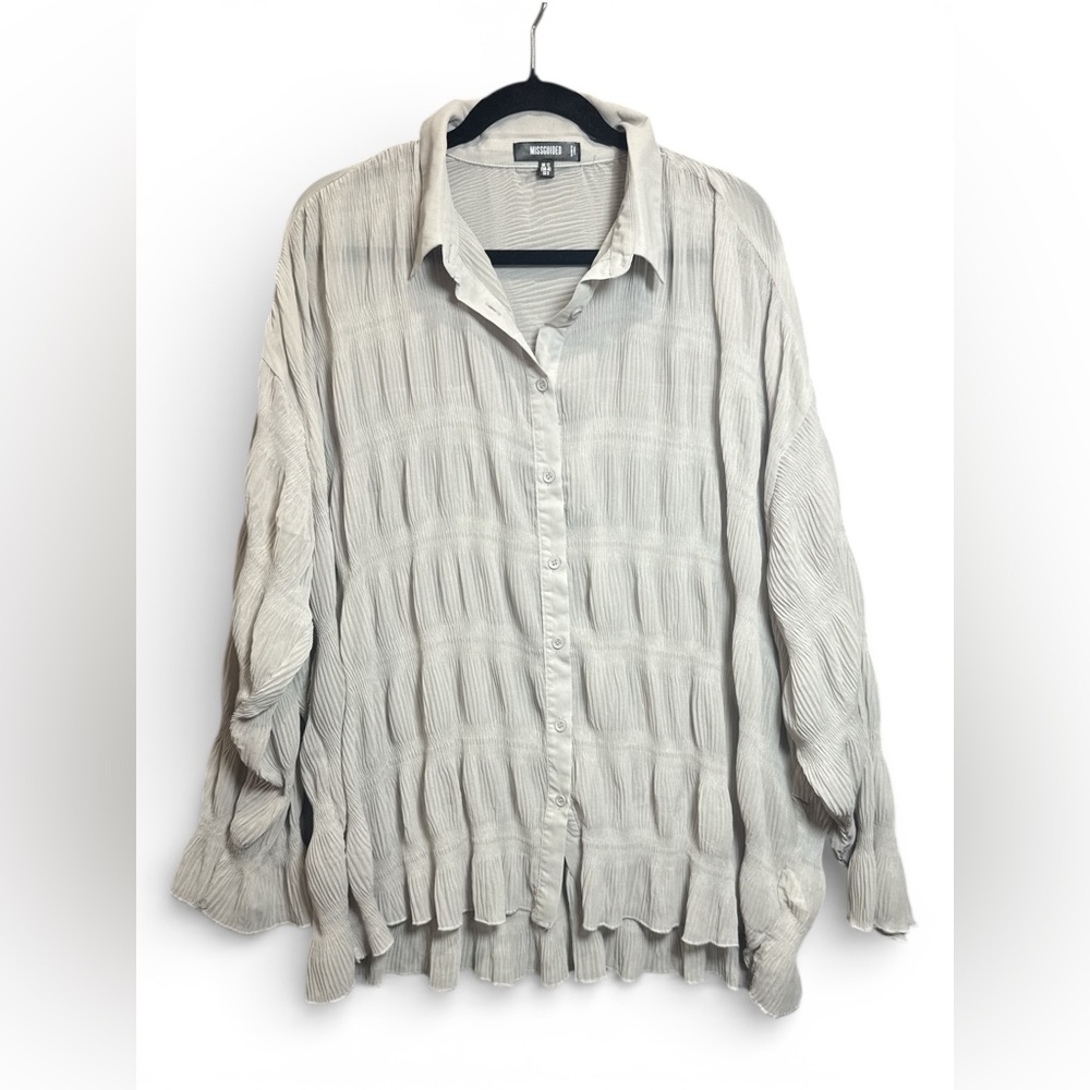 Missguided Crinkle Pleated Button Front Blouse Top Gray, US 8